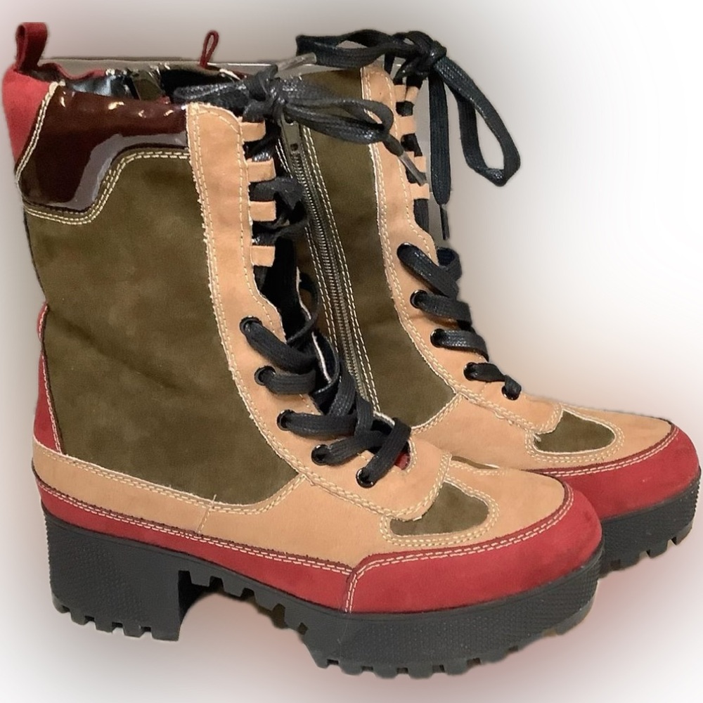 Bamboo Multi-color Color-block Combat Boots -  Size 10